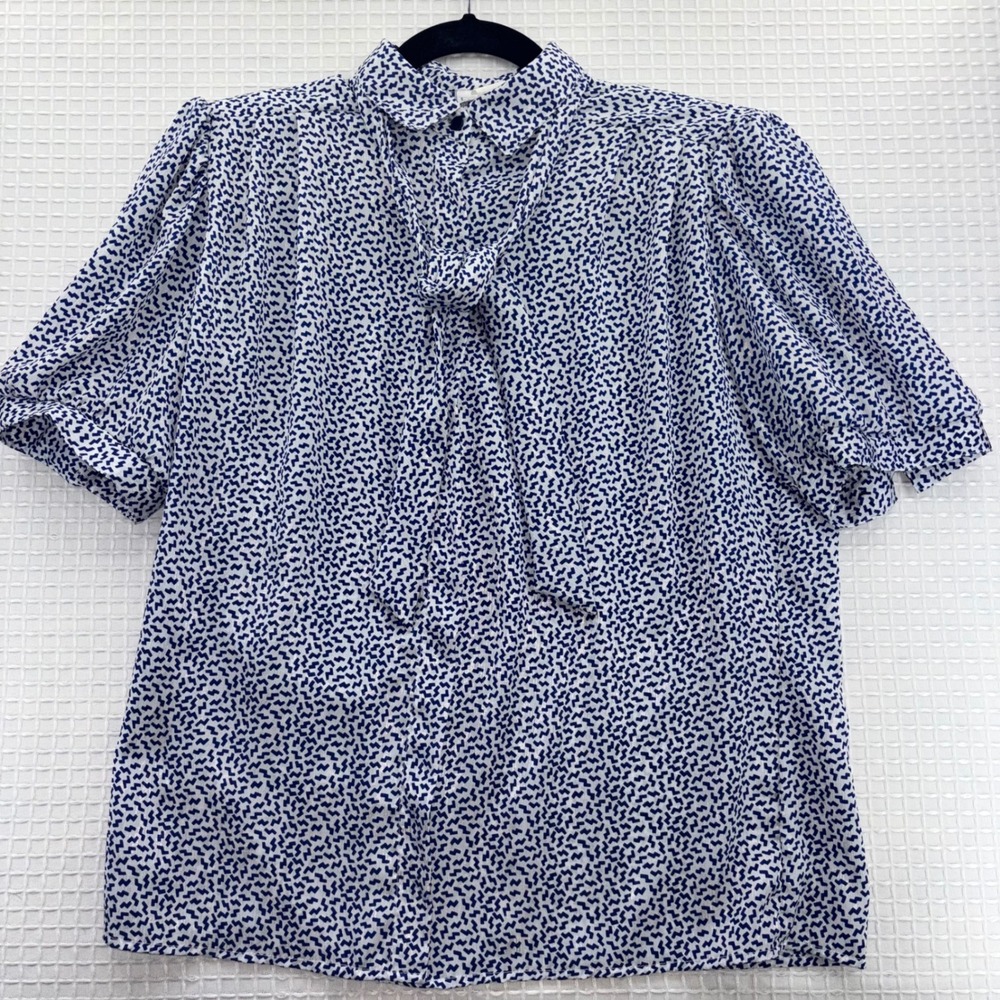 Vintage Laura Mae Mae Blue White Houndstooth Abstract Blouse Bow Neck Size‎ 14